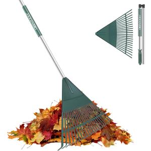 ORIENTOOLS 69" Adjustable Leaf Rake with 5-Section Handle, 26-Tine Durable Plastic Head, Dual-Use Design Converts to Leaf Scoops, Lightweight Yard Rake for Lawns, Grass, Shrubs & Garden (Foldable)