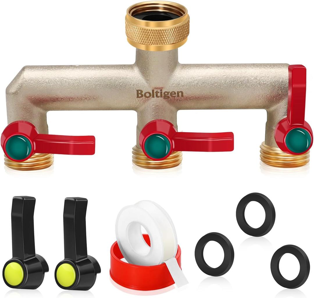 Boltigen 3 Way Hose Splitter Heavy Duty, 3/4-Inch GHT Garden Hose Splitter with 3 Extension Handles, Outdoor Faucet Splitter Connector, Brass Nickel Plated Water Spigot Hose Bib Splitter for Home