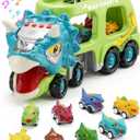 9 in 1 Dinosaur Toys for Boys, Dinosaur Transport Truck with 8 Pull Back Dino Cars, Toys for 3 4 5+ Year Old Toddlers, Birthday for Grandkids, Blue Green