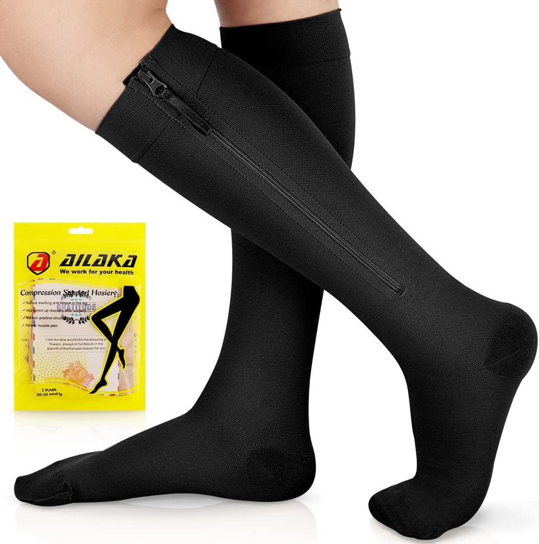 Ailaka Zipper Compression Socks for Men Women - 20-30 mmHg Close Toe Knee High Medical Compression Socks with Zipper, Zip Up Socks for Varicose Veins, Edema, Recovery, Pregnant, Nurse (3X-Large (1 Pair), Black)