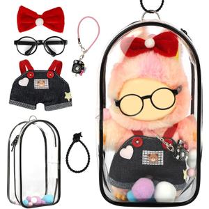 5-Piece Set of 15-17 cm Doll Clothing - Suitable for Girls, Including Black-Framed Glasses, Small Camera, Bow, and Transparent Doll Display Bag (No Doll) (Cowboy)