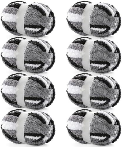 Multi-Pack Chunky Yarn for Hand Knitting - Chenille Blanket Yarn for Crocheting Blankets - 228 Yds/61.6 Oz Rainbow Ombre Yarns - Super Bulky Soft Thick Mixed Color Jumbo Yarns (8, Black-White-Grey)