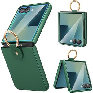 Ruky for Samsung Z Flip 7 Ring Case, with Built-in Outer Screen Protector Hard PC Anti-Scratches Shockproof Protective Phone Cover Slim Fit for Samsung Galaxy Z Flip 7, Dark Green