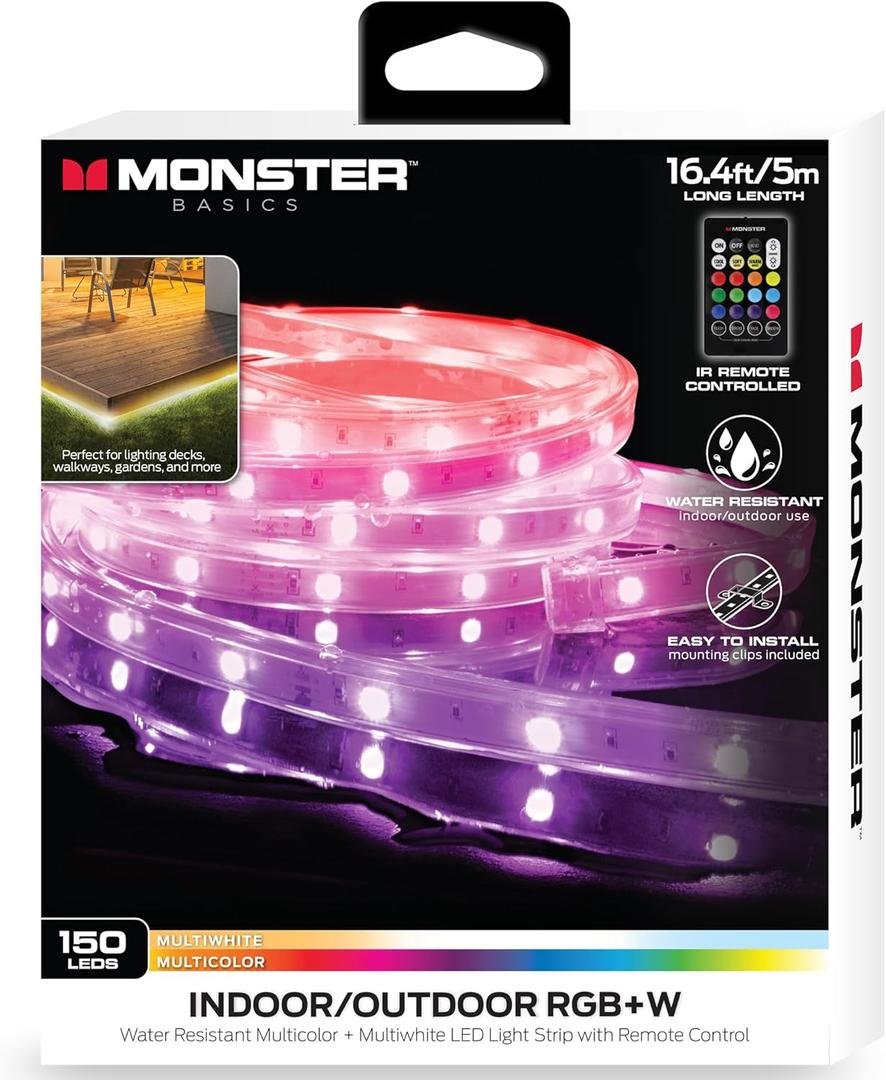 Monster Multi-Color Multi-White Indoor/Outdoor LED Light Strip with Included IR Remote, Color Changing Modes and Mounting Clips - 16.4ft(5m)