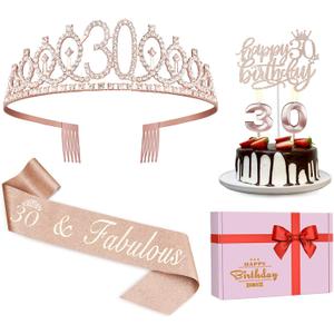 30th Birthday Decorations for Her, Including Sash, Crown/Tiara, Candles, Cake Topper, 30th Birthday Gifts for Her