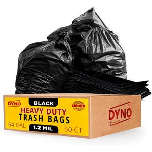 Dyno Products Online 64-Gallon, 1.2 Mil Thick Heavy-Duty Black Trash Bags - 50 Count Extra Large Plastic Garbage Liners Fit Huge Cans for Home Garden Lawn Yard Recycling Construction & Commercial Use