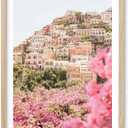 HesenDot Natural OAK Wood Amalfi Coast Framed Wall Art,12x16in Italy Beach Canvas Wall Print, Pink Flowers House Boho Wall Decor for Living Room,Bedroom,Office Gallery Gifts Set of 1