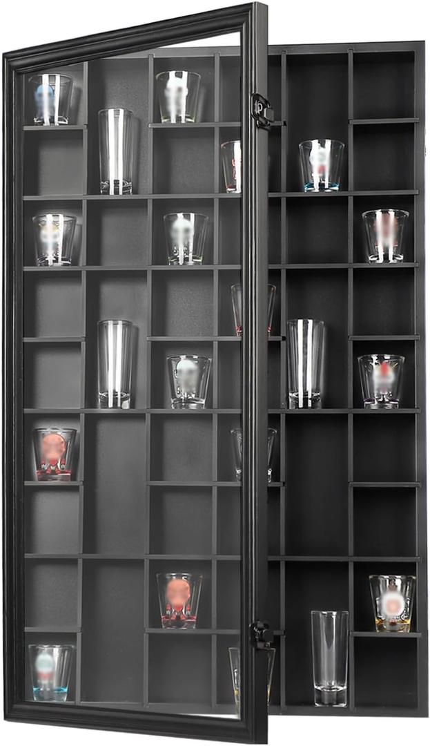 46 Wall Mounted Shot Glass Display Case UV Protection Black
Wall Mount shot glass display case wood Lockable with glass door and Removable Shelves,adjustable shelves