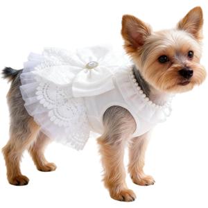 Luxury White Dog Wedding Dress with Pearl & Lace Tutu - Elegant Princess Outfit for Small Dogs/Cats, Ideal for Weddings, Birthdays, Photoshoots - M