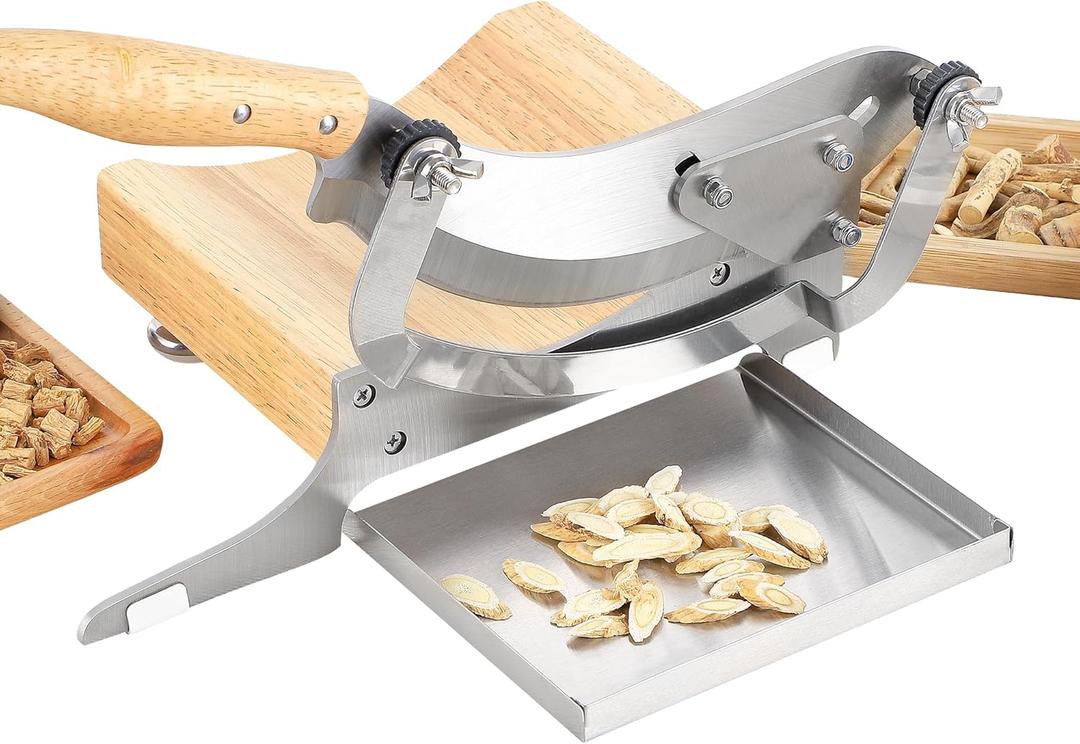 CGOLDENWALL 2 Blades Chinese Medicine Slicer Manual Radiused Biltong Slicer, with Magnetic Stainless Steel Tray, for Chinese Herbs, Biltong, Beef Jerky, Hard Fruits and Vegetables, Nougat