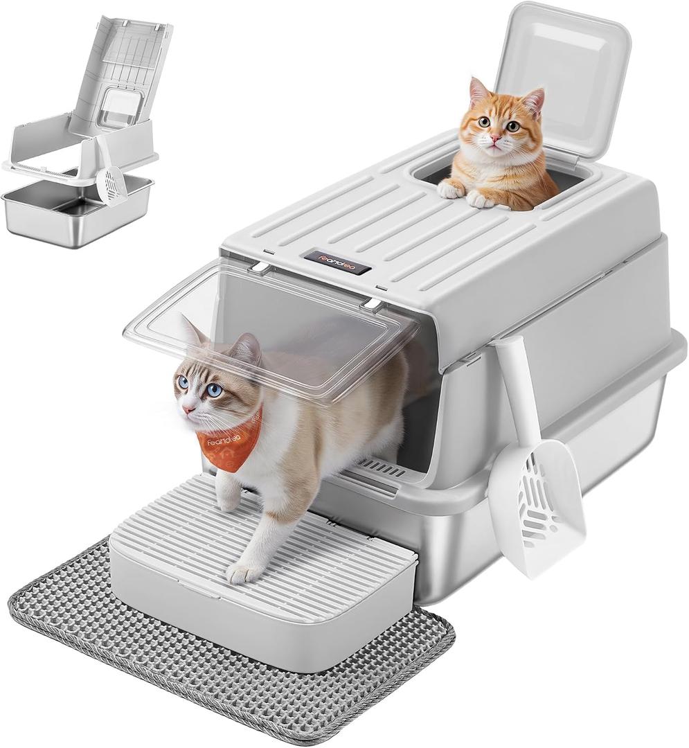 Feandrea Stainless Steel Cat Litter Box with Flip Lid, Litter Catcher Mat and Box, 2 Doors, Scoop, for Cats up to 33 lb, Light Gray UPPT007GD01