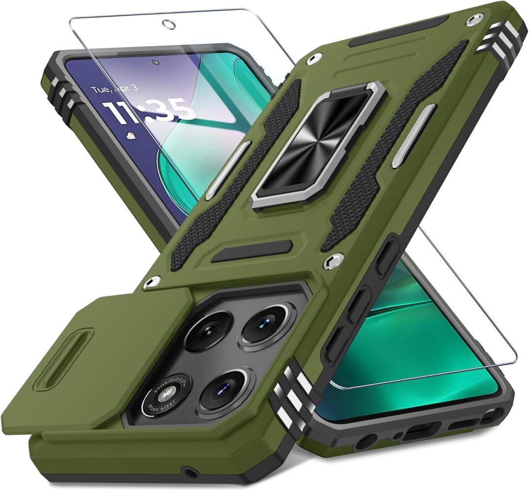 DEERLAMN Case Compatible with Moto G Stylus 5G 2025 Built in Slide Camera Cover+Screen Protector(1 Pack), Rotated Ring Kickstand Military Grade Shockproof Protective Cover-Olive Green