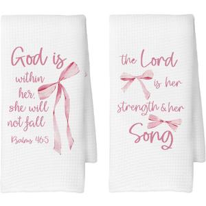 Coquette Pink Bow Christian Kitchen Towels Set of 2, Christian Gifts for Women Girls, Bible Verse Scripture Dorm Room Preppy Bow Decoration Tea Towels Kitchen Hand Towels 16x24 Inch