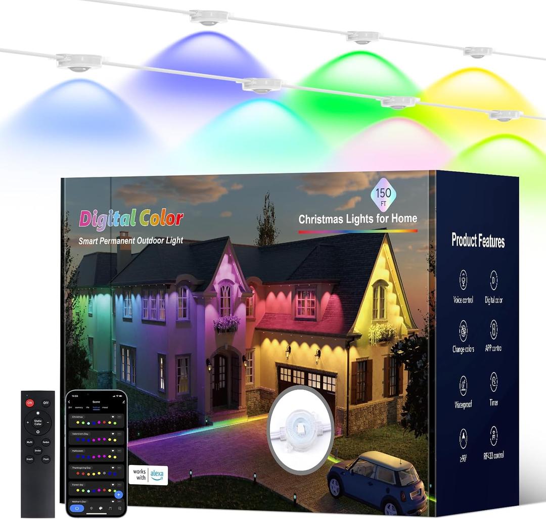 Permanent Outdoor Lights, 150ft with 90 RGB LED Lights for Christmas and Daily, 49 Scene Modes+DIY for Christma Decor, IP66 Waterproof for Outdoor, Compatible with Alexa, Google Assistant