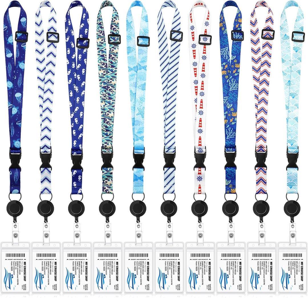 Hotop 10 Count Bright Style Cartoon Polyester Carnival Cruise Lanyards with ID Holder, Adjustable Length, Detachable Badge Holder Clip for Cruise Ships Accessories