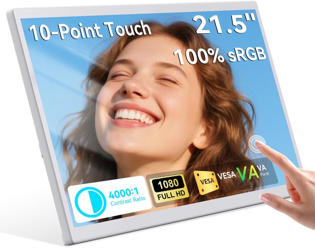 Prechen 21.5 Inch Portable Touchscreen Monitor, 1080P Computer Touch Screen w/VESA Stand Touch PC Display, 75Hz, Multi-Touch Monitor, DC HDMI & USBC for Phones PC Phone Business,White