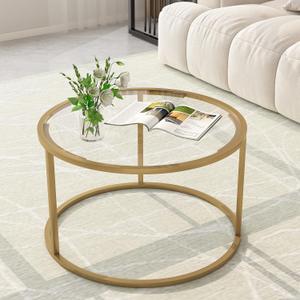 Glass Coffee Table,Round Gold Coffee Table for Small Space,27" Modern Center Table,Glass Top Clear Coffee Table with Sturdy Metal Frame for for Living Room Home Office, Easy Assembly, Round-27.3in