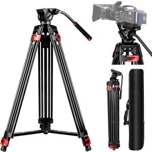 82" /210cm Professional Video Tripod, Heavy Duty Aluminum Alloy Camera Tripod Stand with 360 Fluid Drag Head, QR Plate Compatible with Canon Nikon Sony DSLR Camera Camcorder (Load 33Lb) (Black)