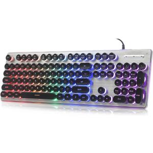 Typewriter Style Keyboard with Metal Panel, Rainbow LED Backlit, Round Keys, Anti-ghosting, Spill Resistant, Light Up USB Wired Retro 104 Keys for Office,Gaming, Black/Silver