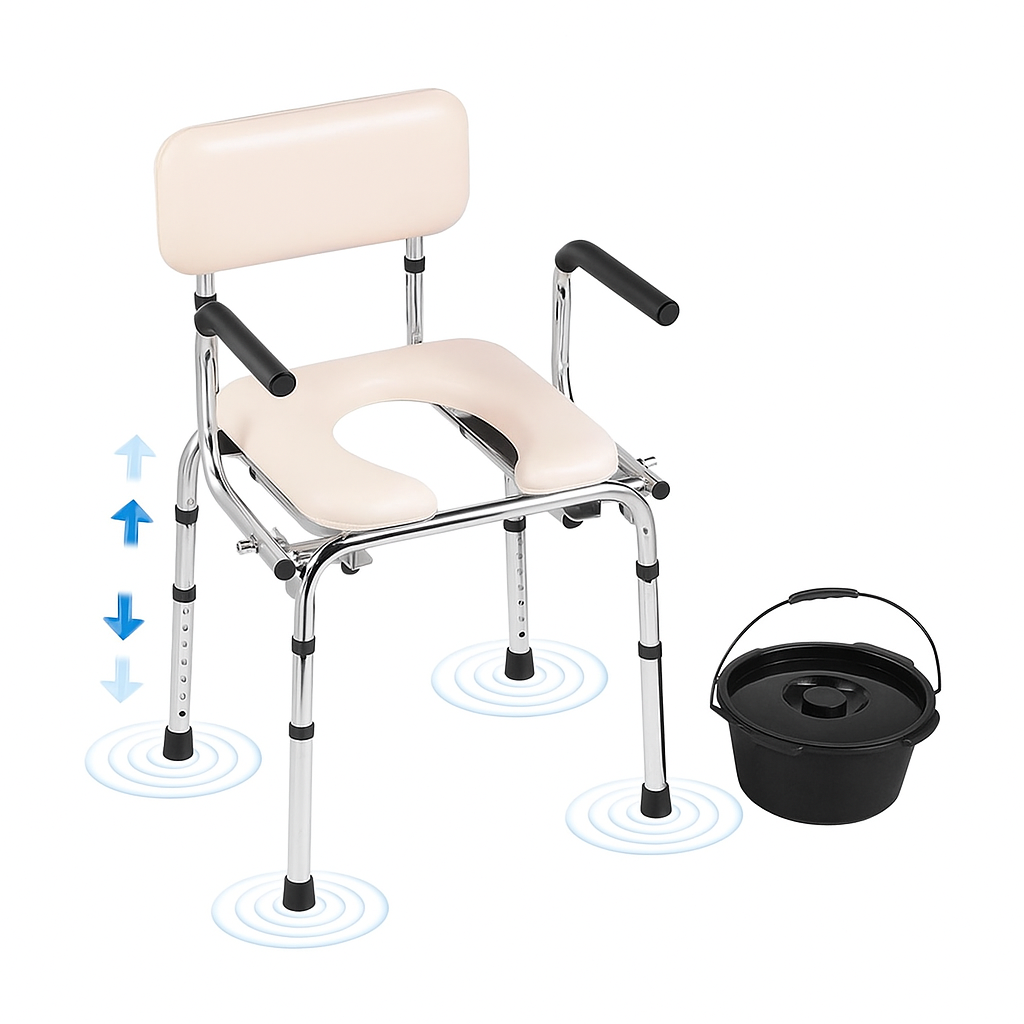 VEVOR Commode Chair, Bedside Commode with Padded Seat, Drop-Down Arms, 7-Level Adjustable Height, 5.8L Removable Bucket, Easy to Assemble, 350LBS Capacity, Portable Toilet for Adults Seniors
