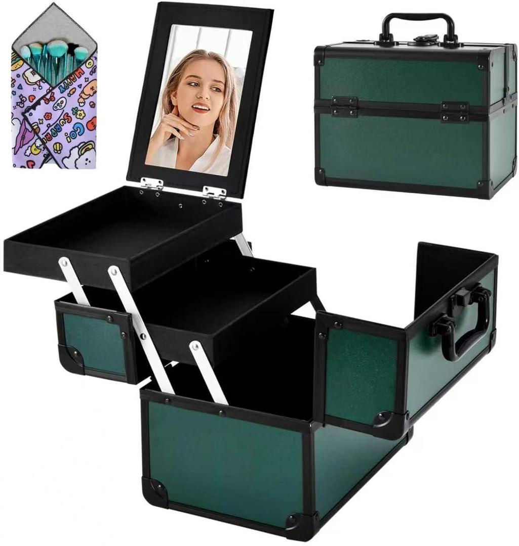 Makeup Train Case, Portable Makeup Case with Mirror, 2-Trays Cosmetic Organizer Case,Nail Polish Organizer, Travel Makeup Box, Profesional for Salon Barber, Green