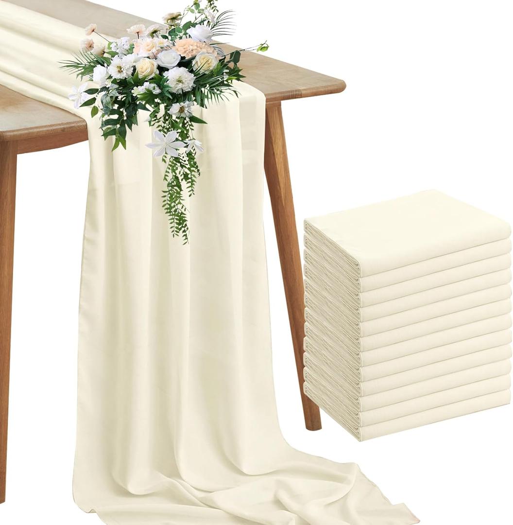 Horbaunal 12 Pack Ivory Chiffon Table Runners 10FT Sheer Chiffon Runner 29x120 Inches Romantic Boho Rustic Table Runner for Wedding Party Bridal Baby Shower Table Decorations