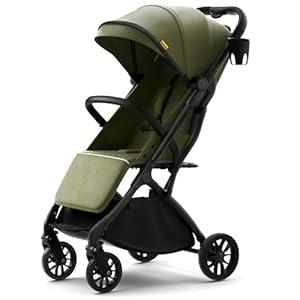 newyoo GlideTow TR18M Lightweight Travel Stroller for Baby, Compact Foldable Infant Stroller with Luggage Handle & Cup Holder, One-Hand Easy Fold, Near Lay Flat Recline Seat, Green