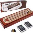 Juegoal Upgrade Wood Cribbage Board Game Set, Solid Wooden Continuous 3 Track Board with Larger Storage Area, 9 Metal Pegs and 2 Decks of Playing Cards, Travel Portable Cribbage Game Sets