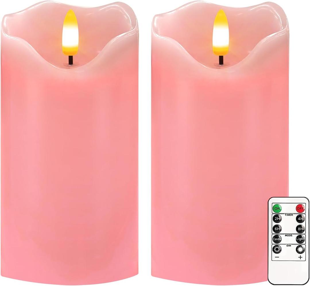 VEEKI Flameless Candles Light, Set of 2 6"x3" Flickering LED Candle with Remote & Timer, Dimmable Electric Pillar Candles Battery Operated, Pink Candles for Valentine's Day Xmas Home Decor (2PC)