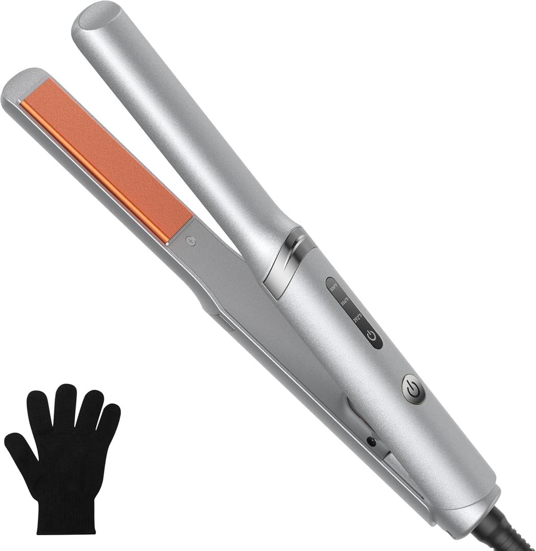 Mini Flat Iron 0.7 Inch with Negative Ion,15s Fast Heating Straightener, Adjustable Temperature & Auto Shut Off, Double Voltage Travel Hair Straightener for Short Hair, Curls, Bangs, Men & Women (Silver Orange)