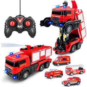 Remote Control Fire Truck With Led Sounds,RC Fire Truck Car Toy With 3pcs Small Firetrucks 10pcs Roadblock Models, One Button Press Spraying Water Transformer Fire Truck Toys For Kids Toddlers Boys