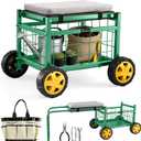 Saker Rolling Garden Cart with Seat & Wheels - 15.7'' EVA Padded Rolling Stool, 500 lb Steel Frame, Large Storage Basket - Garden Wagon Workseat for Patio Lawn Yard (Luxury Version)