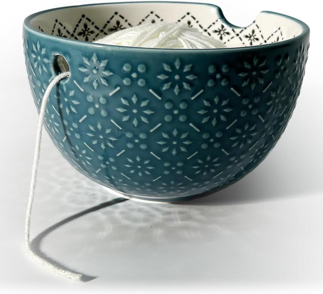 UCDRMA Crochet Yarn Bowl for Knitting, Ceramic Yarn Holder Crocheting Bowl with 3D Relief Pattern, 6in Large Crochet Holder Bowls for Yarn of All Types, Great Decorative Knitting Crochet Supplies
