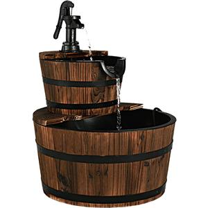 Giantex 2-Tier Barrel Waterfall Fountain Outdoor, Rustic Wood Barrel Cascading Water Fountain with Electric Pump, Outdoor Water Feature with Decorative Hand for Garden Patio Backyard Lawn Porch