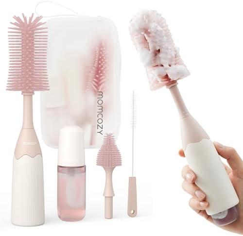 Momcozy Bottle Brush Kit, Innovative Push-Press Design for Better Cleaning - Baby Bottle Cleaner Brush for Baby Bottle, Breast Pumps, Nipples, and More - Can Generate Foam for Better Cleaning, Pink