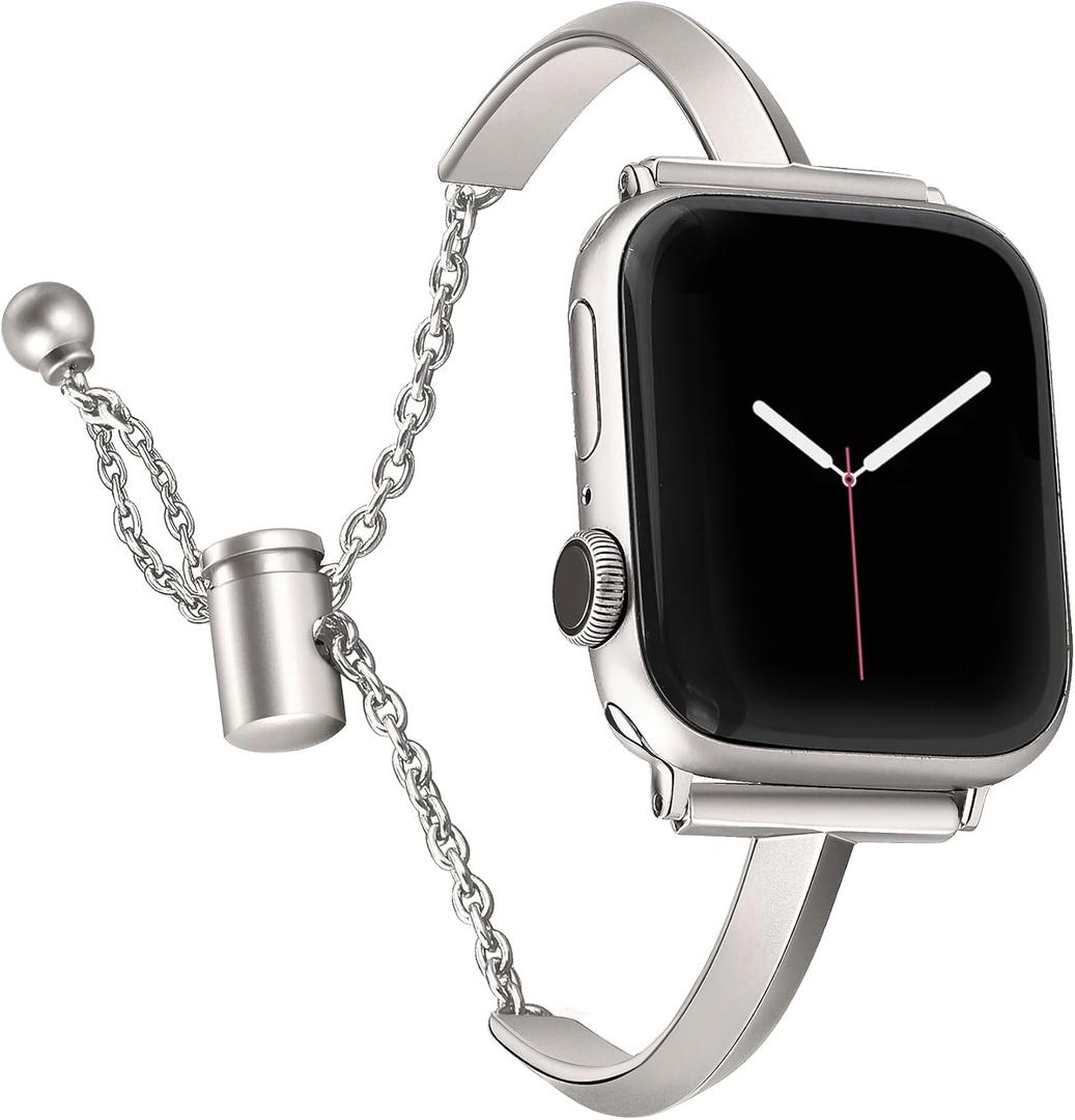 PlusRoc Stainless Steel Band Compatible with Apple Watch Band 38mm 40mm 41mm 42mm 44mm 45mm 46mm 49mm iWatch SE Series 11 10 9 8 7 6 5 4 3 2 1, Slim Versatile Bangle Bracelet for Women (Starlight)