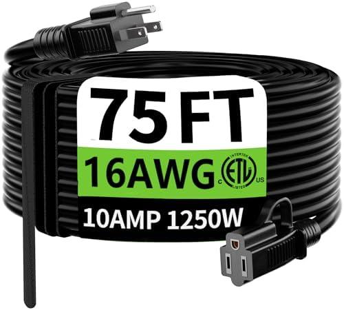 HUANCHAIN Indoor Outdoor Black Extension Cord 75 Ft Waterproof, 16/3 Gauge Flexible Cold-Resistant Appliance Extension Cable Outside, 10A 1250W 16AWG SJTW, 3 Prong Heavy Duty Electric Cord, ETL