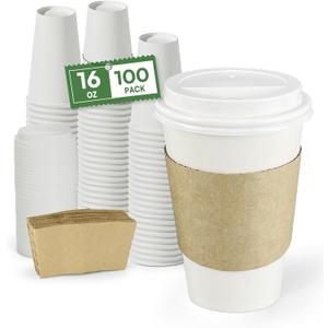 Disposable Coffee Cups with Lids 16 oz and Sleeves, 100 Pack Leak-Proof Paper CupsTo Go Hot Cups with Lids & Kraft Sleeves, BPA-Free for Cafe, Office and Daily Use