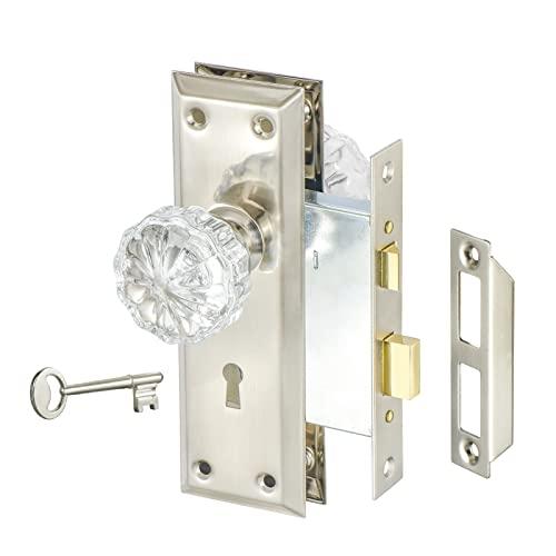newliplace Mortise Lock Set with Crystal Glass Knob, Antique Door Knobs with Lock and Skeleton Key, Fit Interior Door, Brushed Nickel Finish
