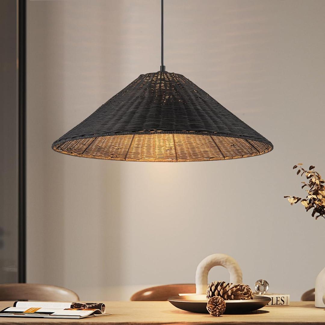 23.6'' Large Weaving Rattan Chandelier, Black Coastal Chandelier Hand Woven Rattan Dome Pendant Lighting Fixture Farmhouse Natural Basket Hanging Light