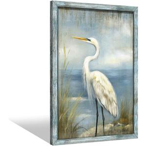 Coastal Heron Wooden Wall Art: Ocean Bird Framed Artwork Blue Sea Seascape Painting Beach Seashore Picture Egret Prints for Bathroom Bedroom Home Office (16L" x 11W")