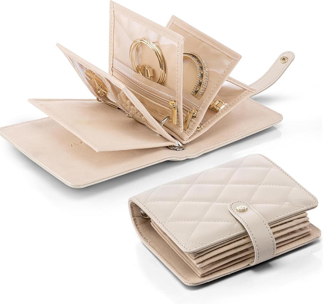VLANDO Mini Travel Jewelry Organizer Case,Portable Jewelry Organizers Storage Book with Clear Zipper Velvet Jewelry Pouch Bag for Travel Essentials,Ring,Earring-Cream White