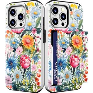 Compatible for iPhone 15 Pro Max Case Cute with Card Holder Shockproof Slim Slot Phone Promax Wallet Cover/Blue Flowers Wild Rose Paisley Peony Floral Lovely