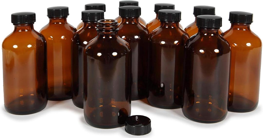 Vivaplex, 12, Amber, 8 oz Glass Bottles, with Lids.