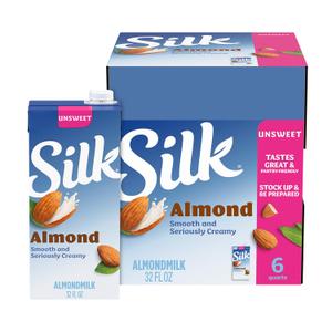 Silk Shelf-Stable Almond Milk, Unsweetened, Dairy-Free, Vegan, Non-GMO Project Verified, 1 Quart (Pack of 6) (32 Fl Oz (Pack of 6))