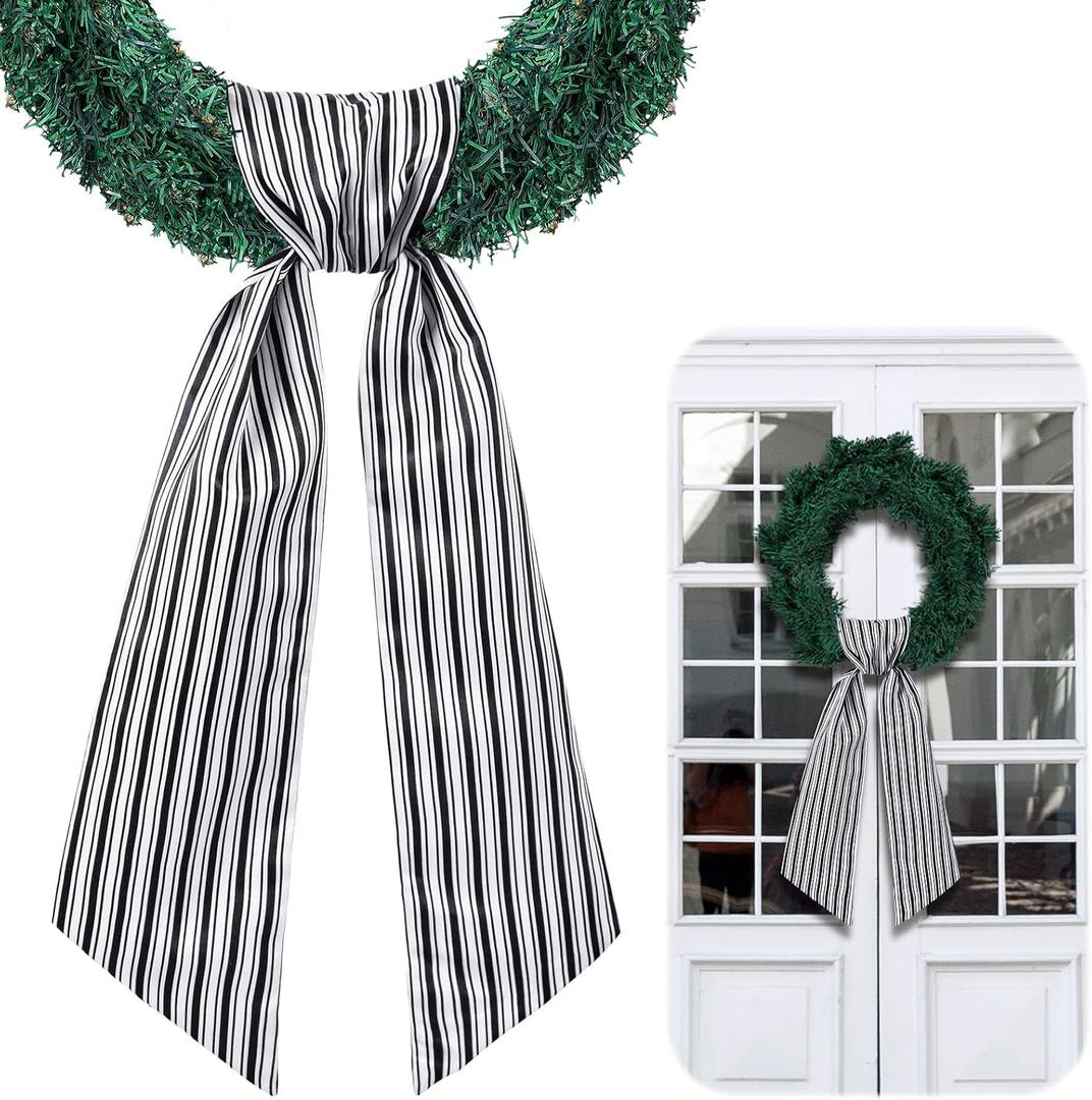 Wreath Sash for Front Door Wreath Satin Sash Blank Sashes Embroidery Monogram Yard Doorway Indoor Outdoor Wall Ribbon Bow Home Decor(Black, White,Stripe)