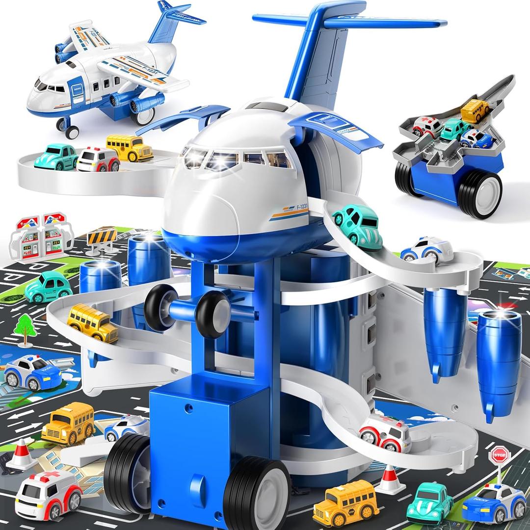Airplane Toys for Toddlers 2-4 - Boy Toy Car Race Tracks for Kids Ages 3-5 with 8 Small Car Toys, Toddlers Educational Toy, Birthday Gifts for Boys 3-5