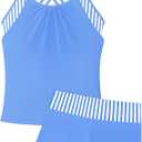 KANGKANG Girls Swimsuit Solid Color Stripes Cross Straps Tankini Shorts 2 Piece Bathing Suit Teen Girl Swimwear 7-16Y (13-14 Years, Black)