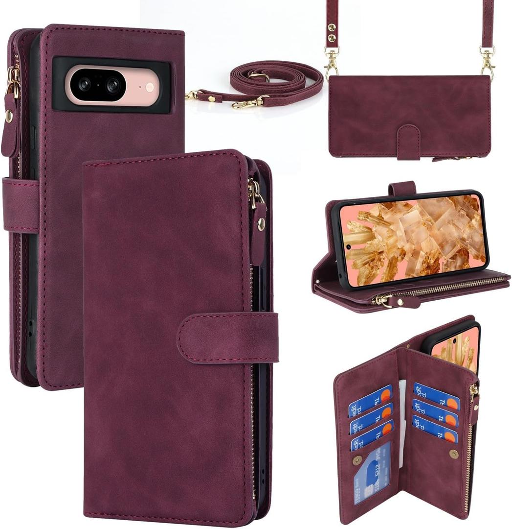 iCoverCase for Google Pixel 8 Wallet Case with Card Holder, Kickstand Feature PU Leather Case with Adjustable Crossbody Lanyard Magnetic Clasp Zipper Pocket Flip Cover (Claret)