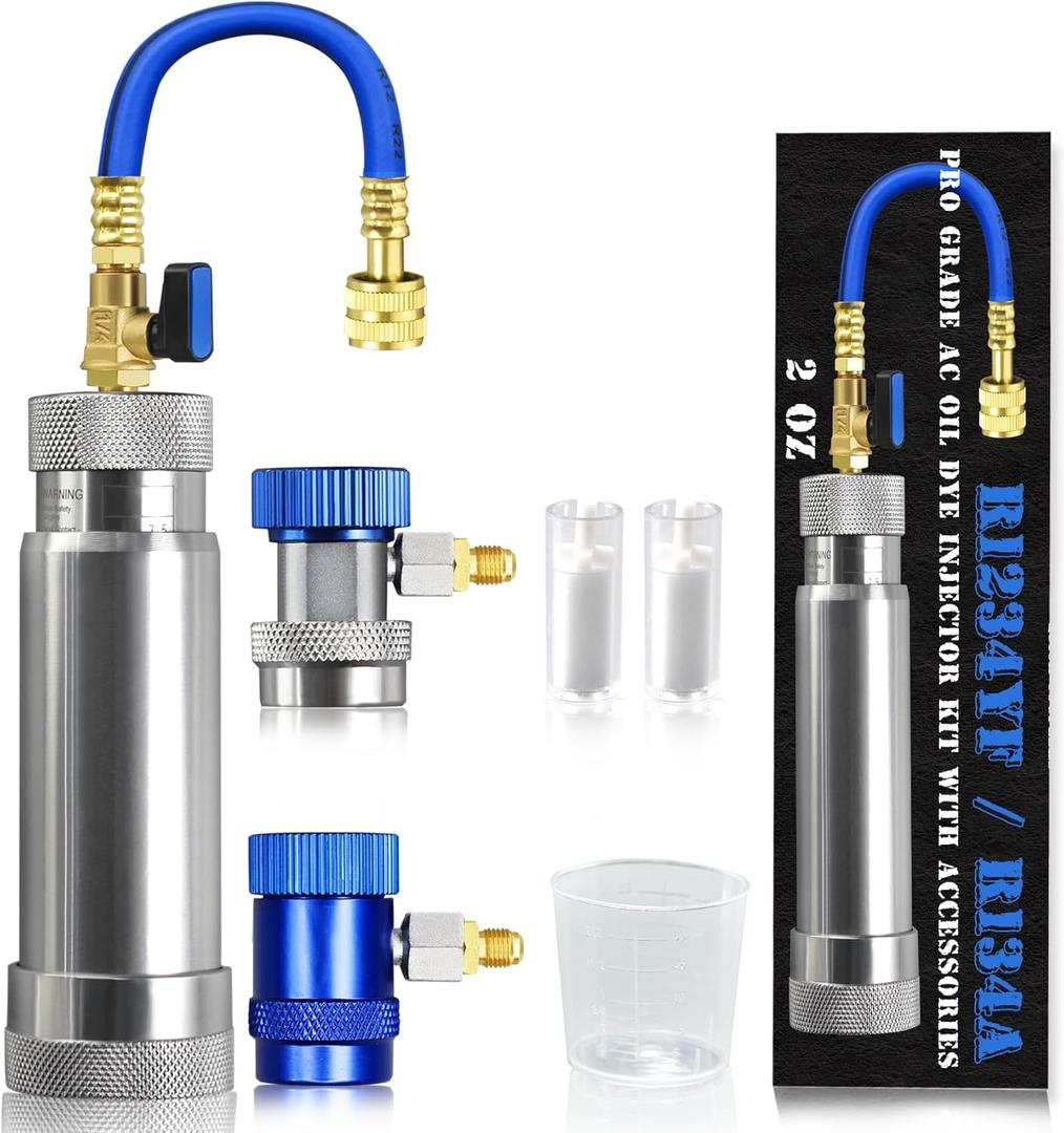 R1234YF & R134A AC Oil Dye Injector Kit with 2 Snap Quick Couplers 2 Oil Checkers 2oz Measuring Cup